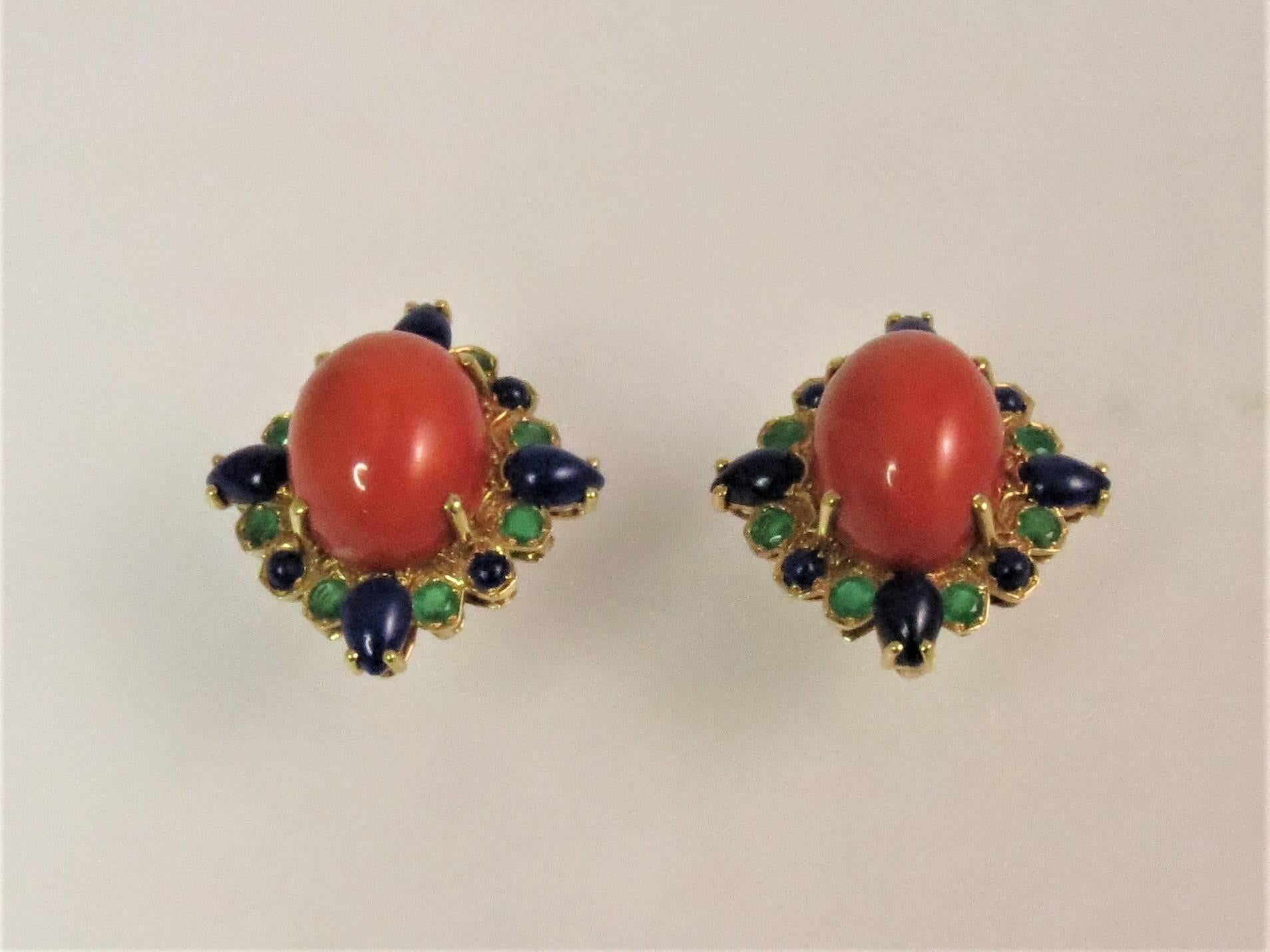 Fabulous 18K yellow gold earrings set with salmon colored cabochon colored coral, 8 pear shape cabochon blue lapis, 8 round cabochon lapis and 16 round faceted green emeralds