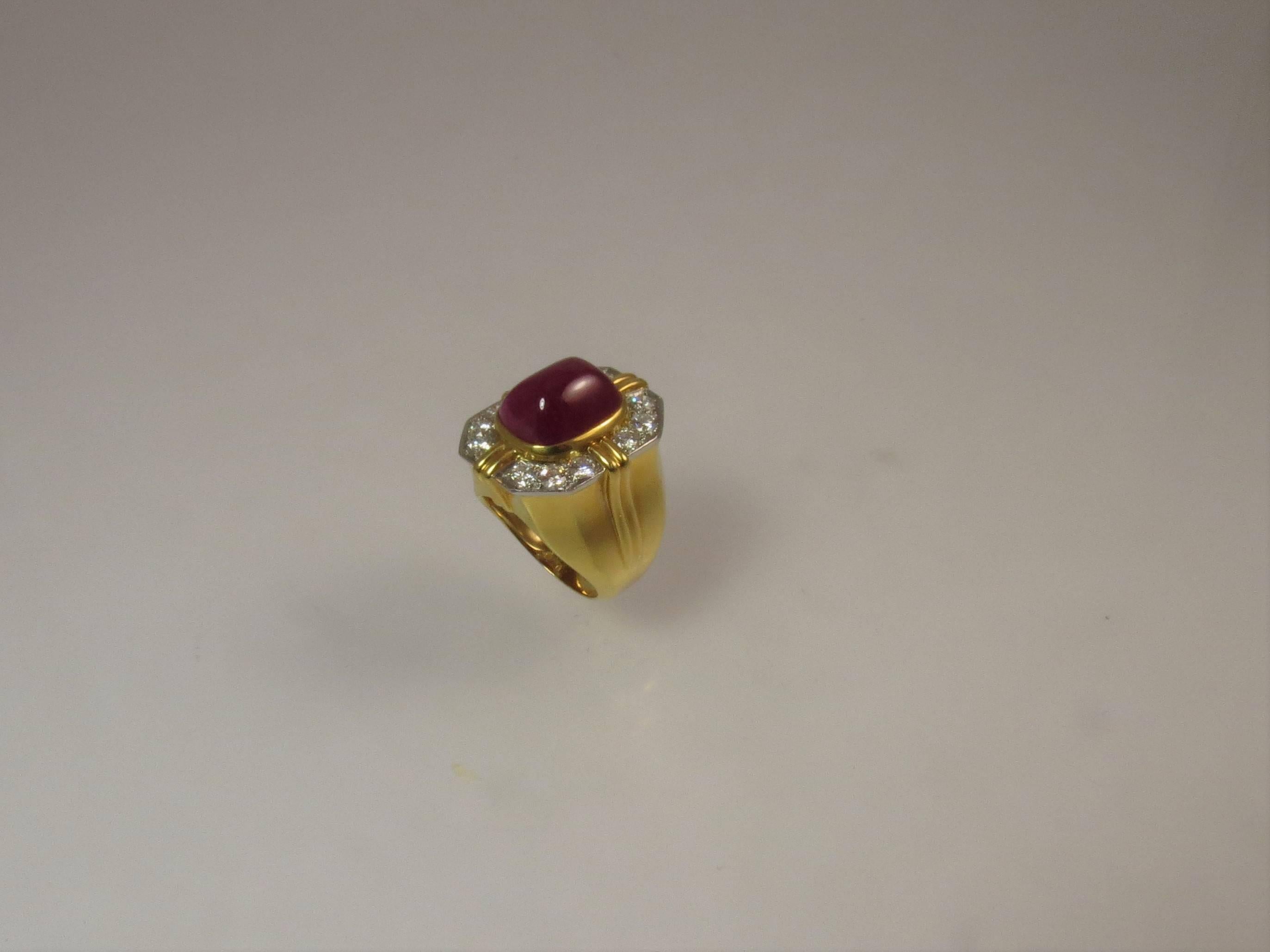 Contemporary 18 Karat Yellow Gold and Platinum Cabochon Ruby and Diamond Ring For Sale