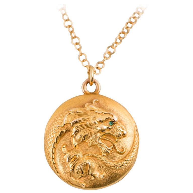 Art Nouveau Dragon Motif With Emerald Eye Gold Locket