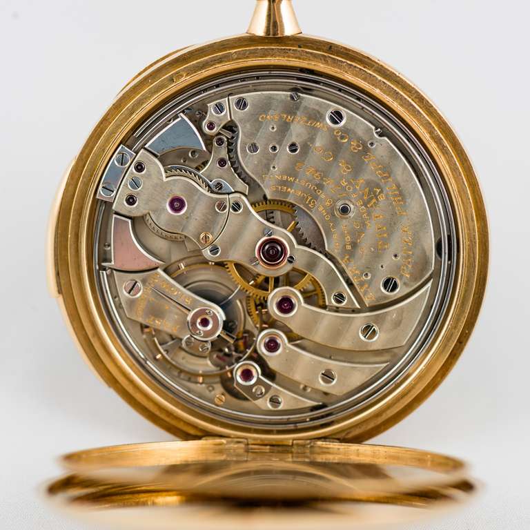 Patek Philippe 18k yellow gold minute repeating open face pocket watch retailed by Tiffany & Co., circa 1900, 31 jewels, case number 174942.