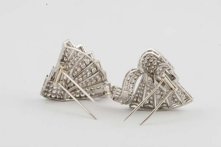 Women's Platinum and Diamond Art Deco Double Clip Pin with Removable Frame For Sale