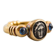 Yellow Gold Ring, Bezel Set With Roman Coin and Blue Sapphires 10