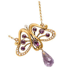 Amethyst, Pearl, Yellow Gold Diamond Butterfly Pendant