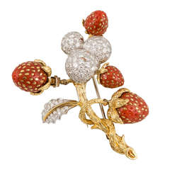 Yellow Gold And Platinum, Diamond And Coral Strawberry Motif Pin 12