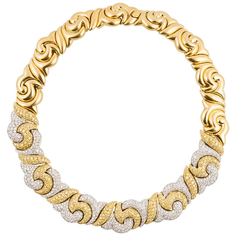 Picchiotti White and Fancy Yellow Diamond Gold and Platinum Choker For Sale