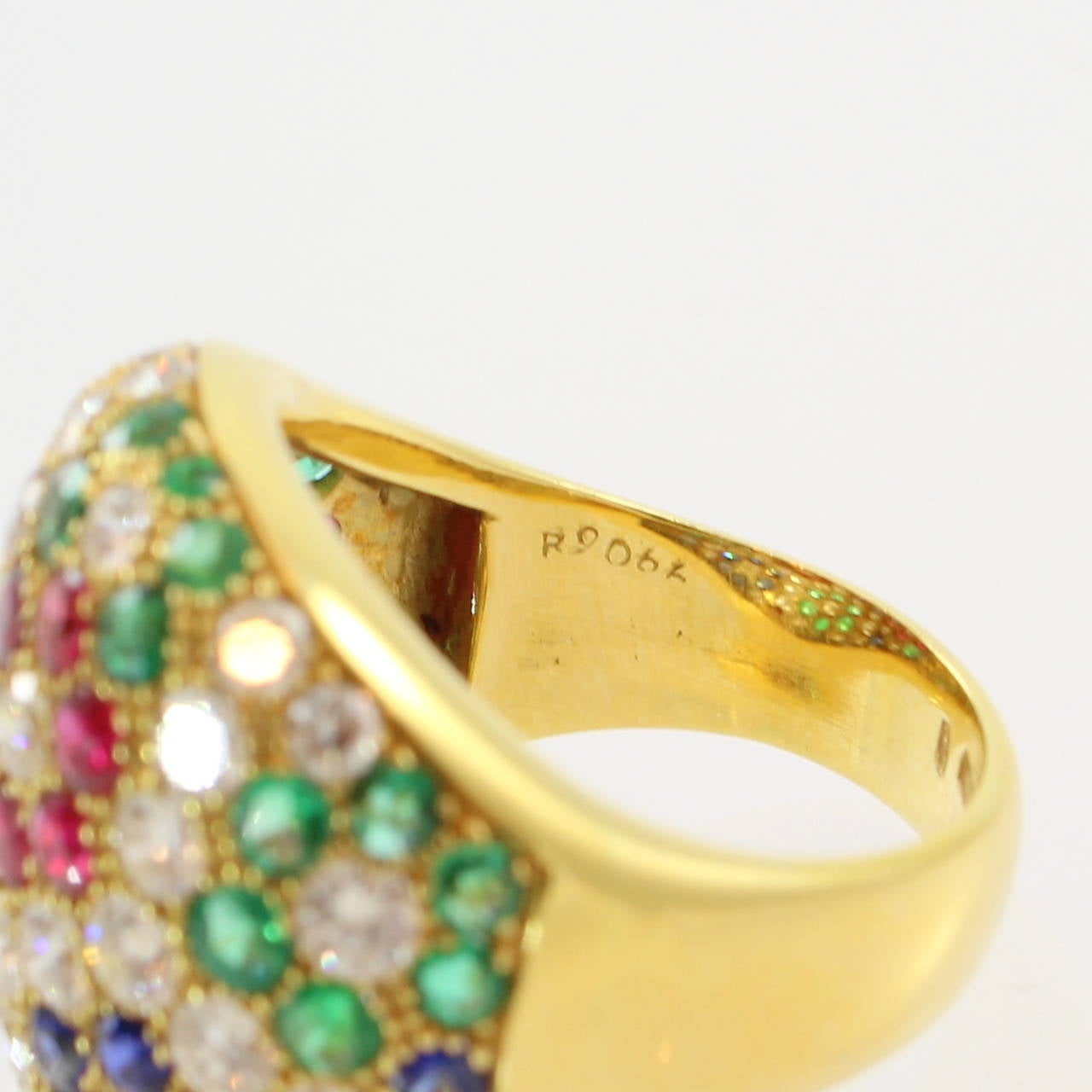 Emerald Sapphire Ruby Diamond Gold Bombe Flower Ring In New Condition For Sale In Chicago, IL