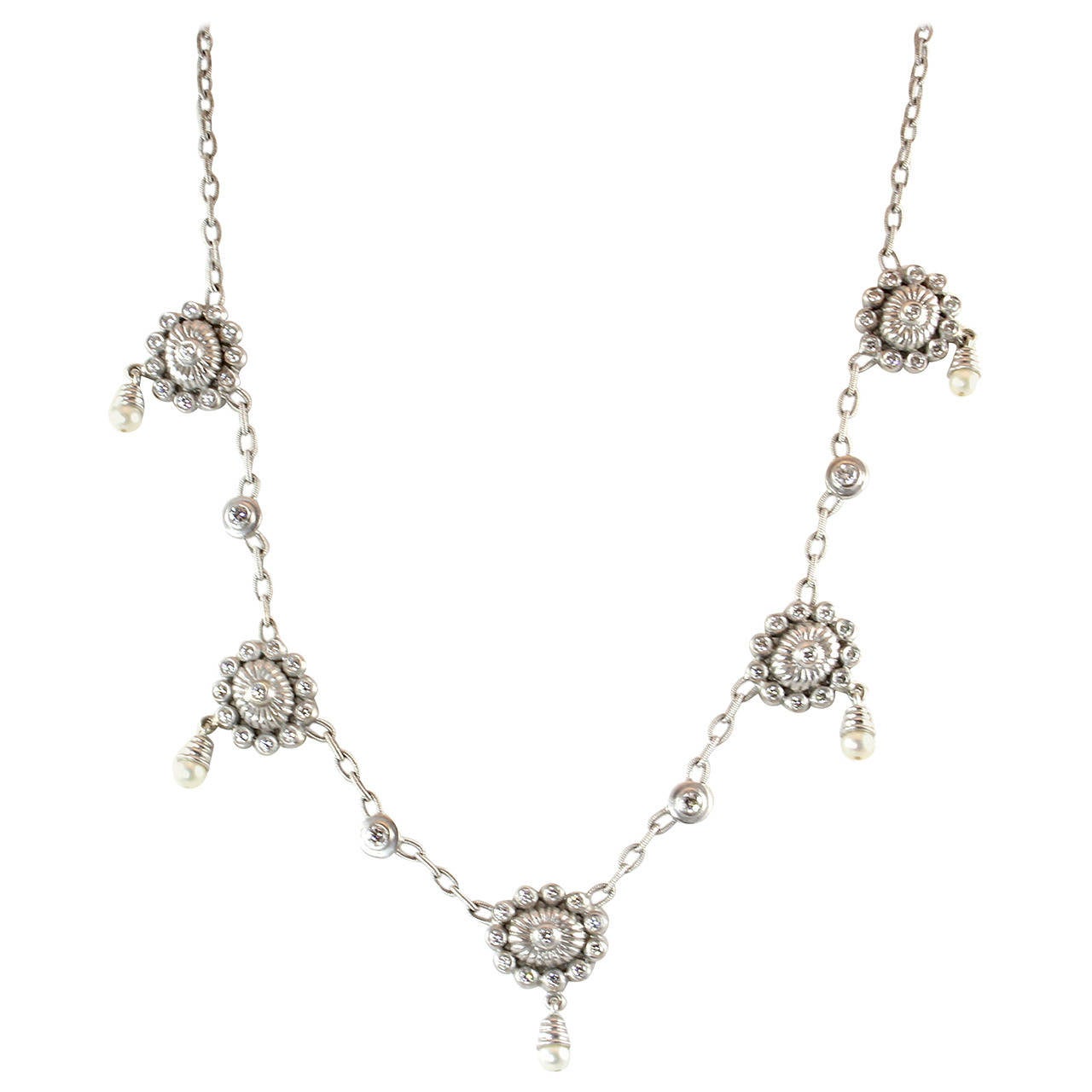 Doris Panos Pearl Diamond Matte Finish Gold Necklace