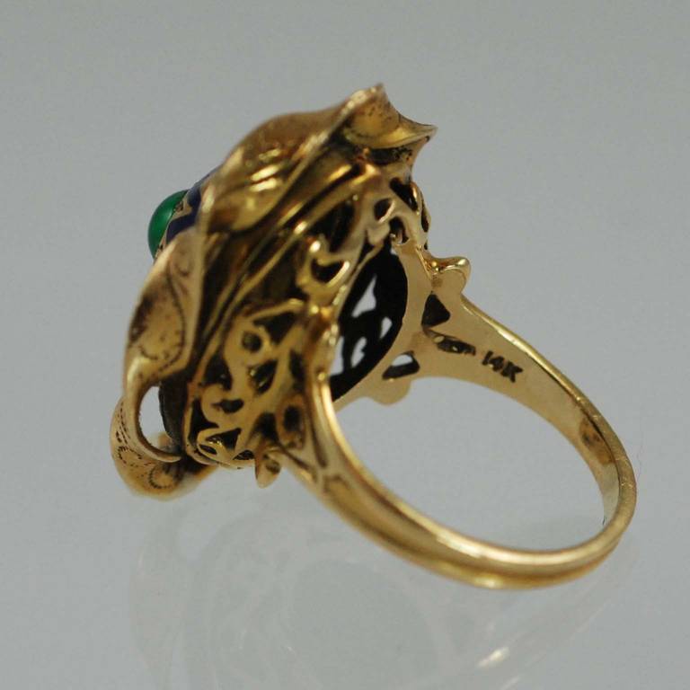 Women's Blue Enamel Cabochon Emerald Yellow Gold Ring