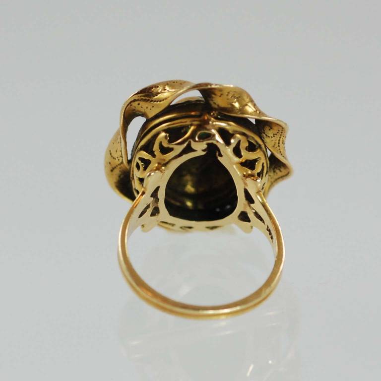 Blue Enamel Cabochon Emerald Yellow Gold Ring 1