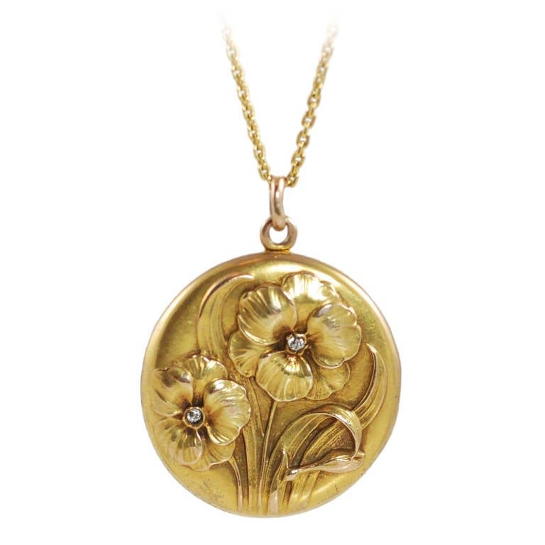 Art Nouveau Diamant Gelbgold Floral Design Medaillon