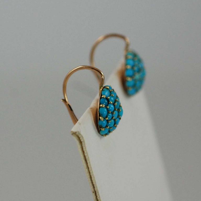 Victorian 14K yellow gold and turquoise  wire drop earrings.