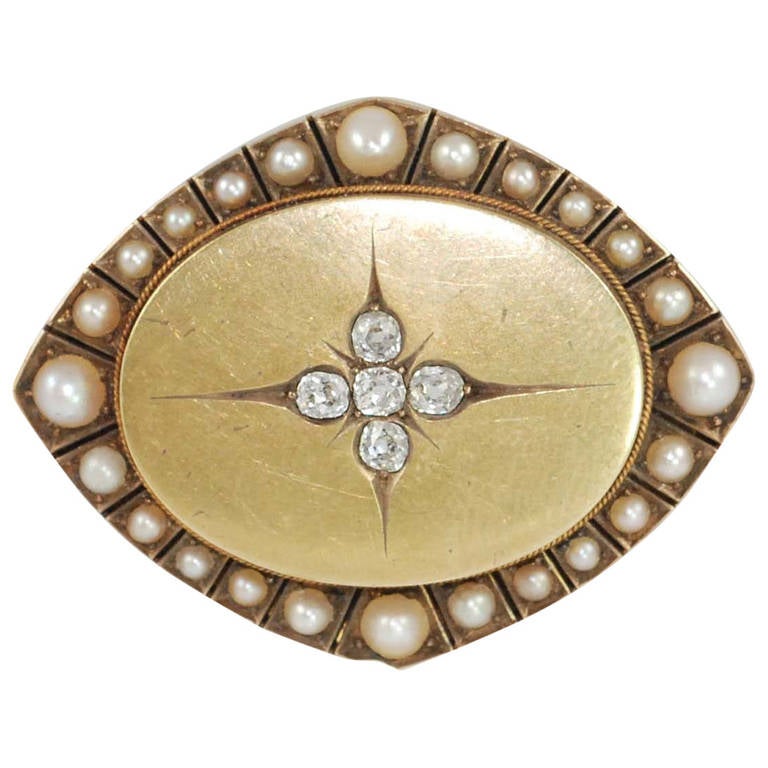 Victorian Pearl Rose Cut Diamond Yellow Gold Pin For Sale