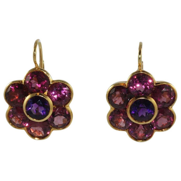 Rhodolite Garnet and Amethyst Flower Earrings