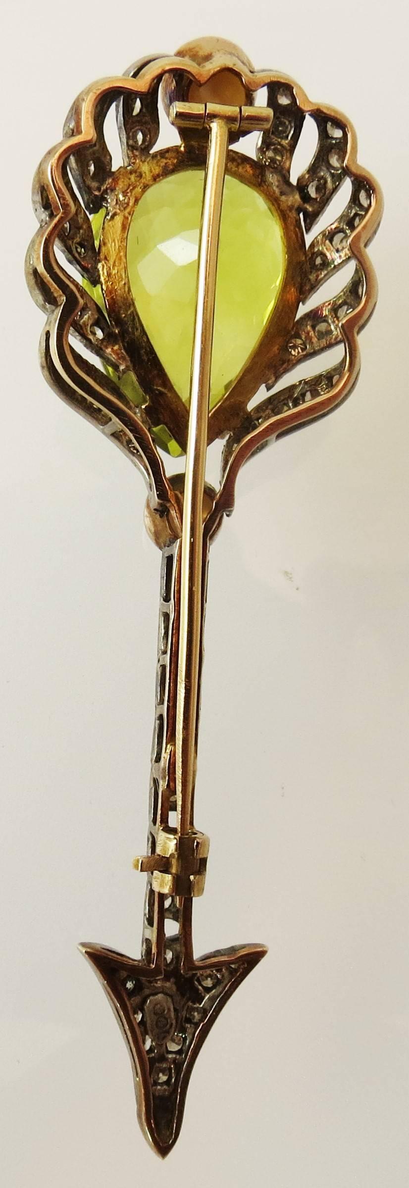 Early Victorian Green Quartz Pearl Diamond Gold Arrow Pin For Sale