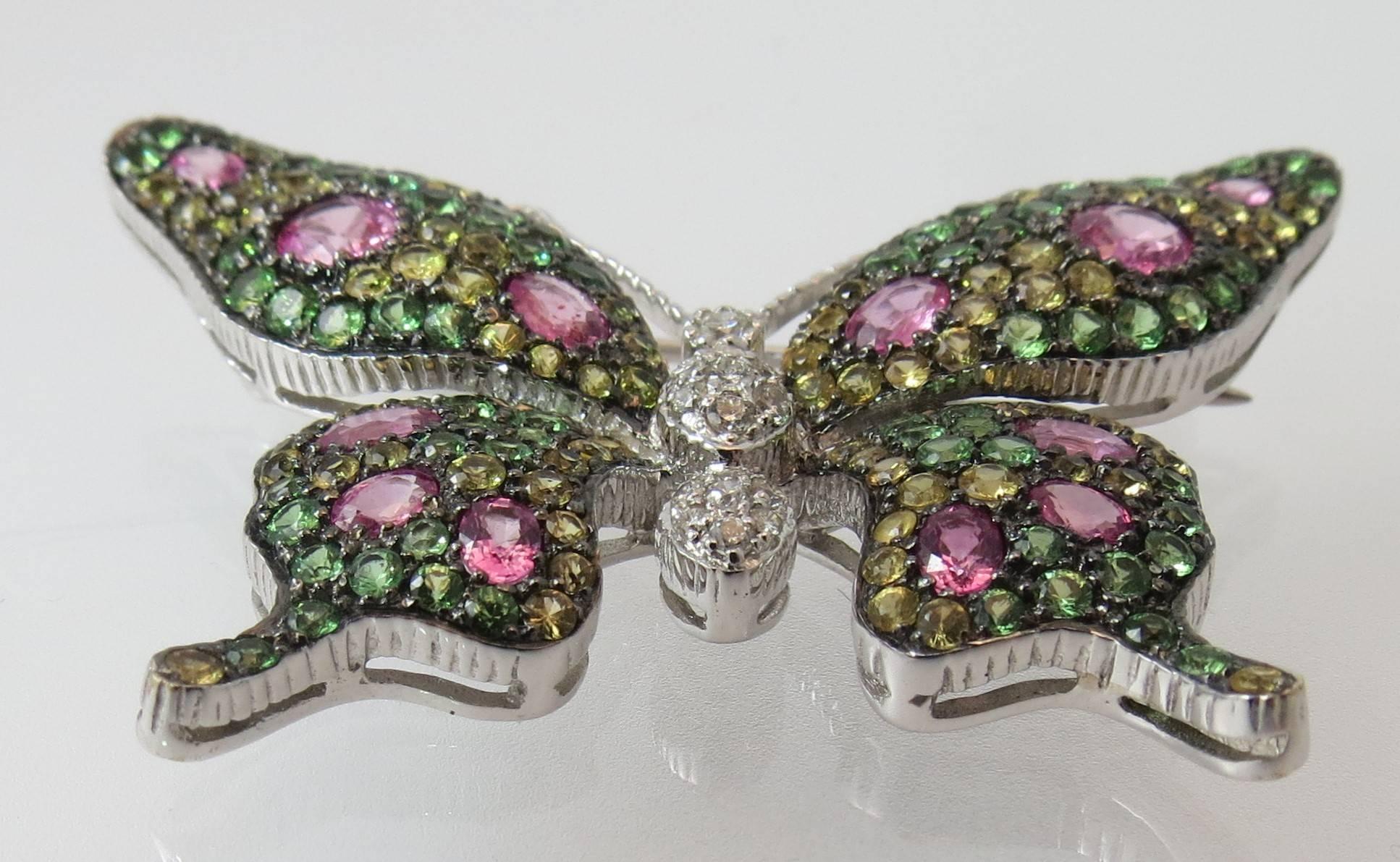 Contemporary Multicolor Sapphire Tsavorite Diamond Gold Butterfly Pin