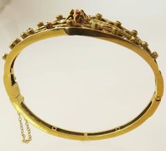 Seed Pearl Ruby Gold Hinged Bangle Bracelet