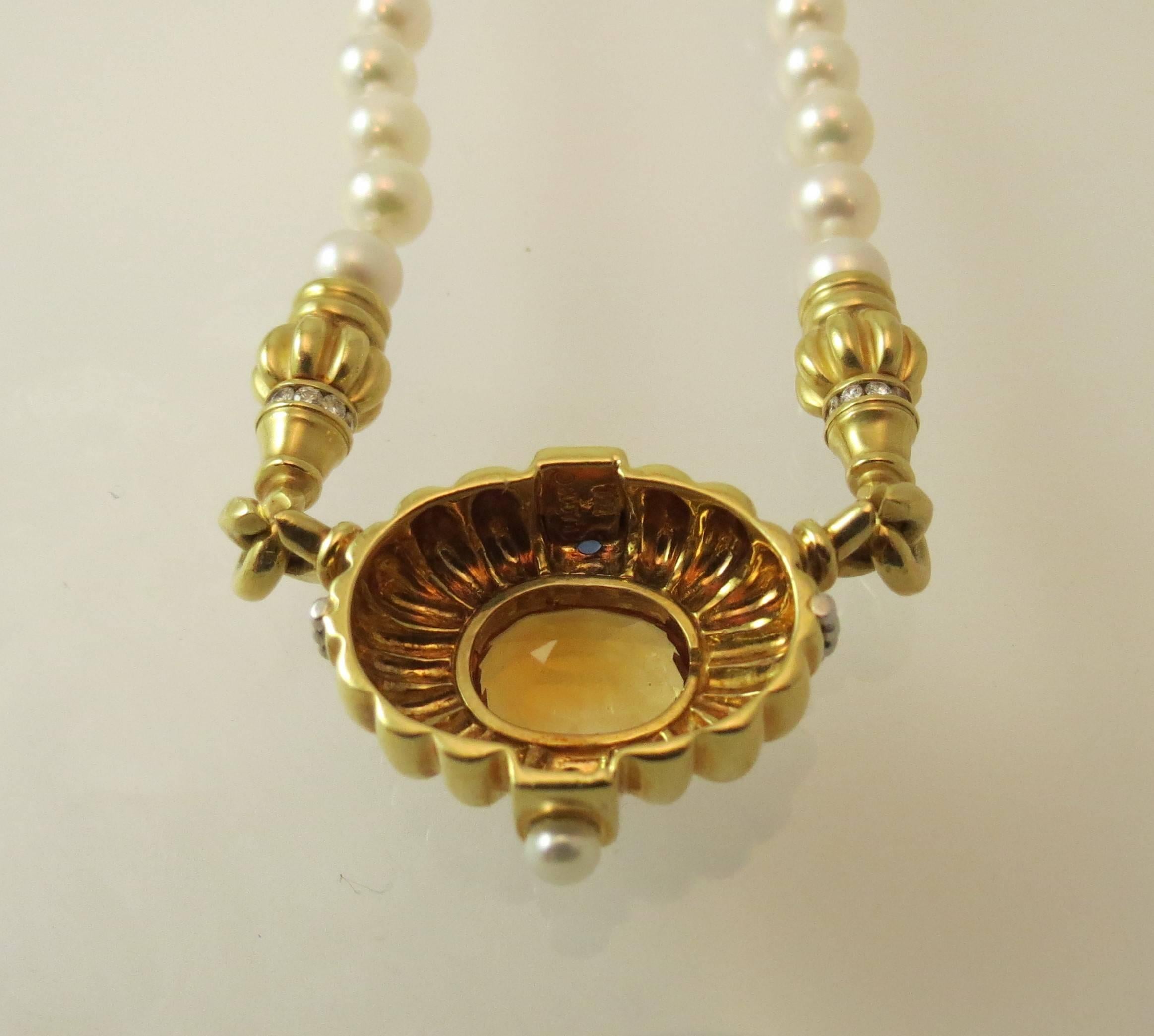 Women's Lagos Citrine Diamond Gold Pendant attached to Cultured Pearls For Sale