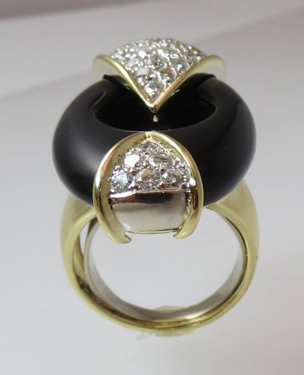 Contemporary Dramatic 18 Karat Yellow Gold, Diamond and Black Onyx Ring