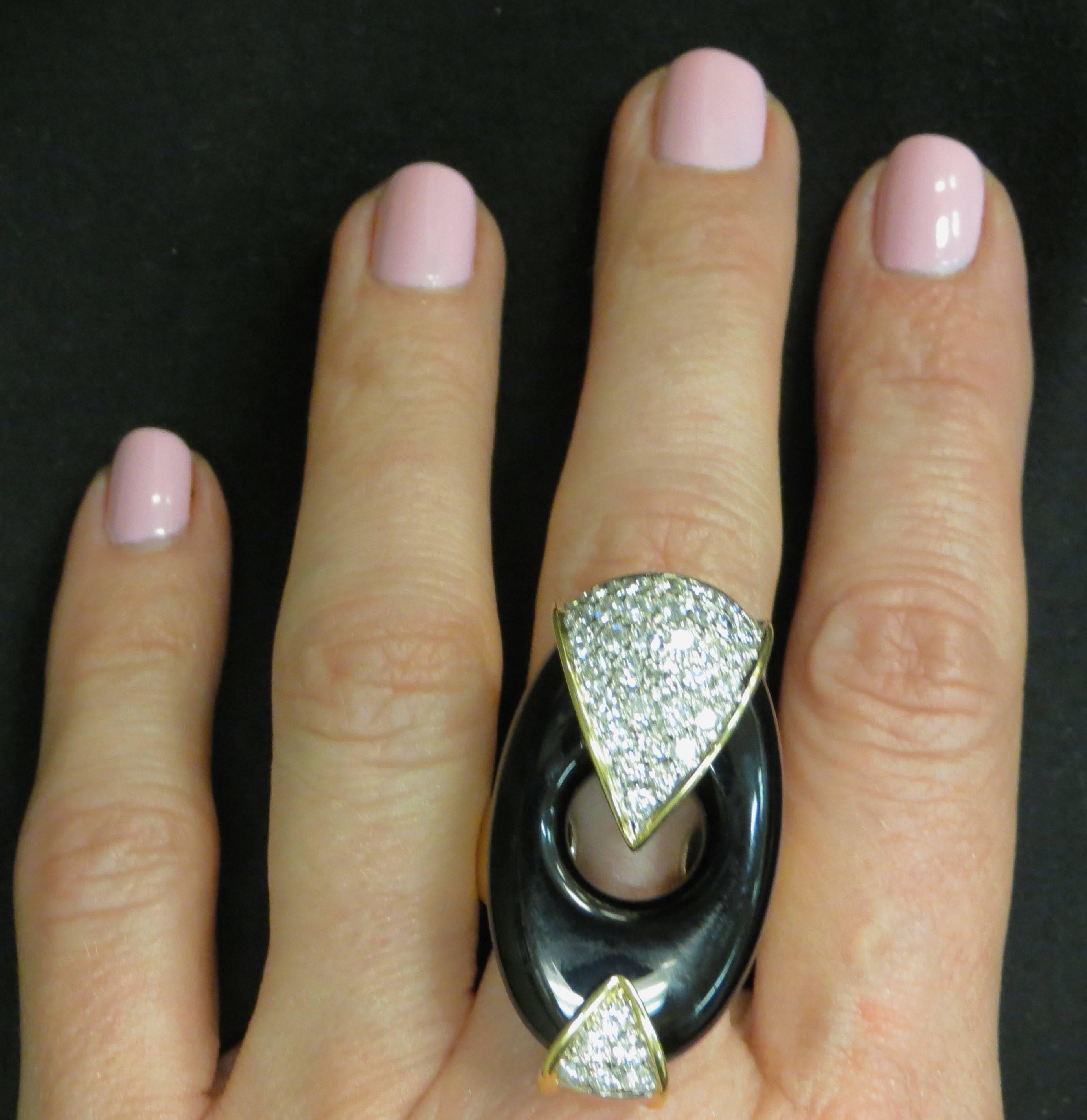 Women's Dramatic 18 Karat Yellow Gold, Diamond and Black Onyx Ring