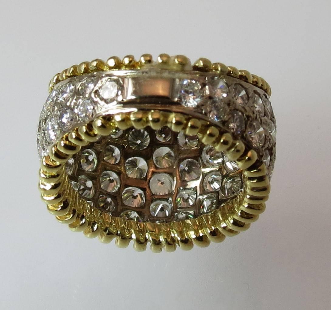 18K Yellow and White Gold Diamond Pave Band Ring with Beaded Edge In Excellent Condition In Chicago, IL