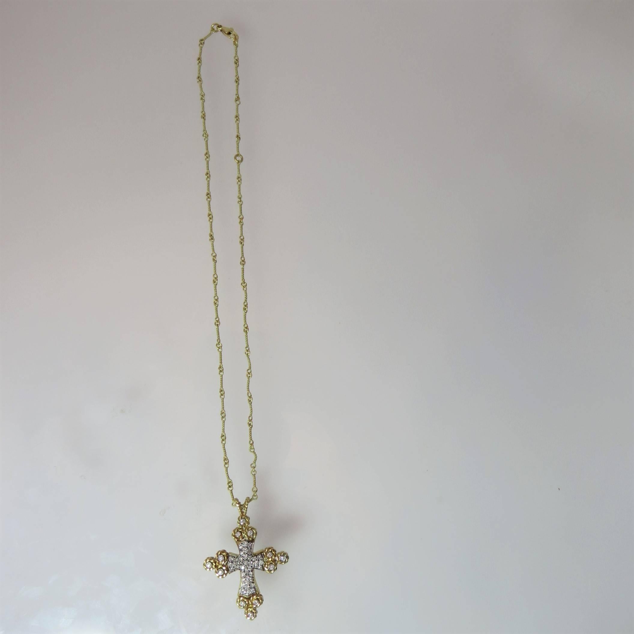 Cassis 18K Yellow Gold and Diamond Cross Pendant Suspended from 18 Chain In Excellent Condition In Chicago, IL