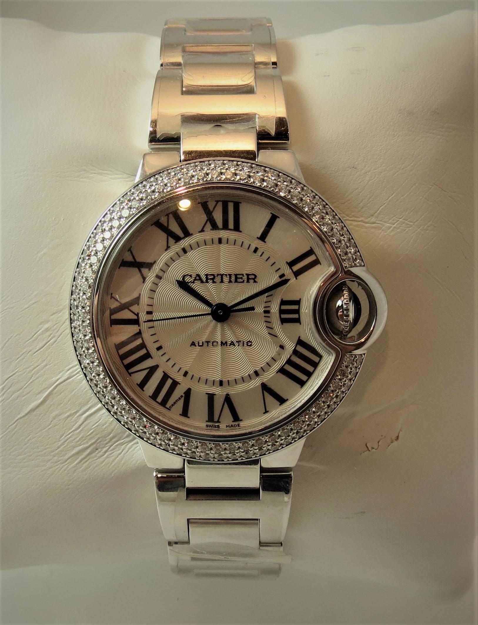 Brand new, never worn, in box, with two year Cartier warranty.
Cartier, Ballon Bleu bracelet watch, 18K white gold, double diamond bezel, Roman numerals, sweep second, 33mm, automatic movement.

Current retail $ 37,500
