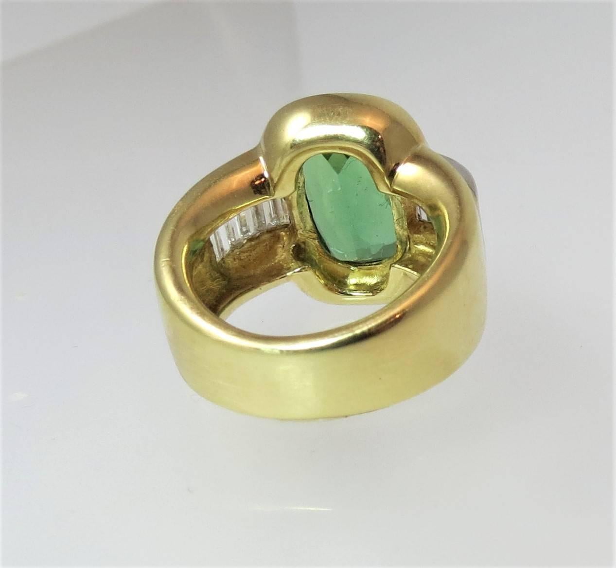 Baguette Cut  Green Tourmaline  Diamond Ring by Susan Berman For Sale