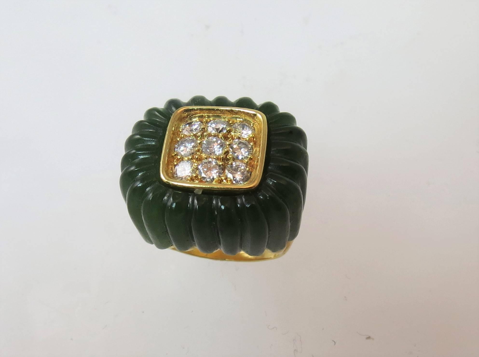 Women's 1980s Montreaux Nephrite Jade Diamond Gold Ring