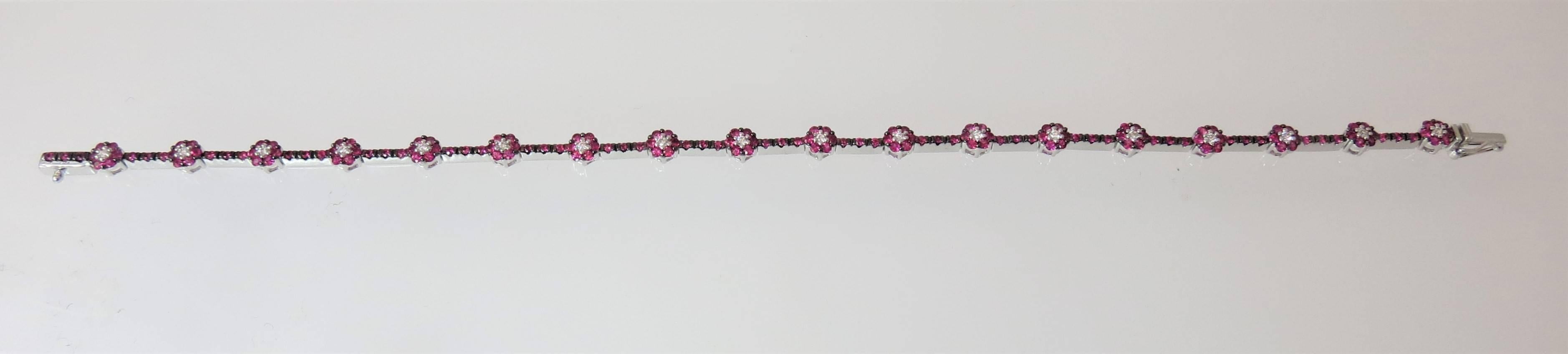 Diamond Ruby Flower Design Flexible Bracelet In Excellent Condition For Sale In Chicago, IL