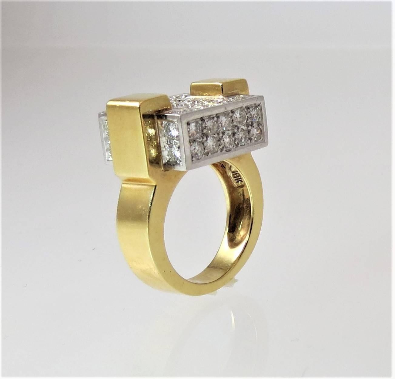 Dramatic 18 Karat Yellow Gold and Platinum Pave Diamond Square Design Ring In Excellent Condition In Chicago, IL