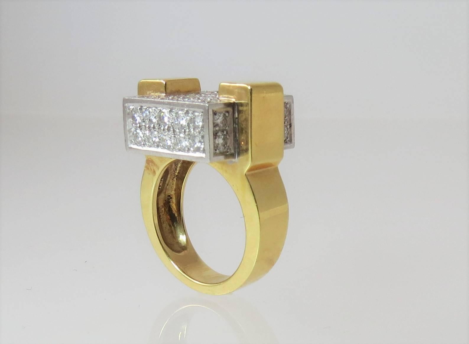 Women's Dramatic 18 Karat Yellow Gold and Platinum Pave Diamond Square Design Ring