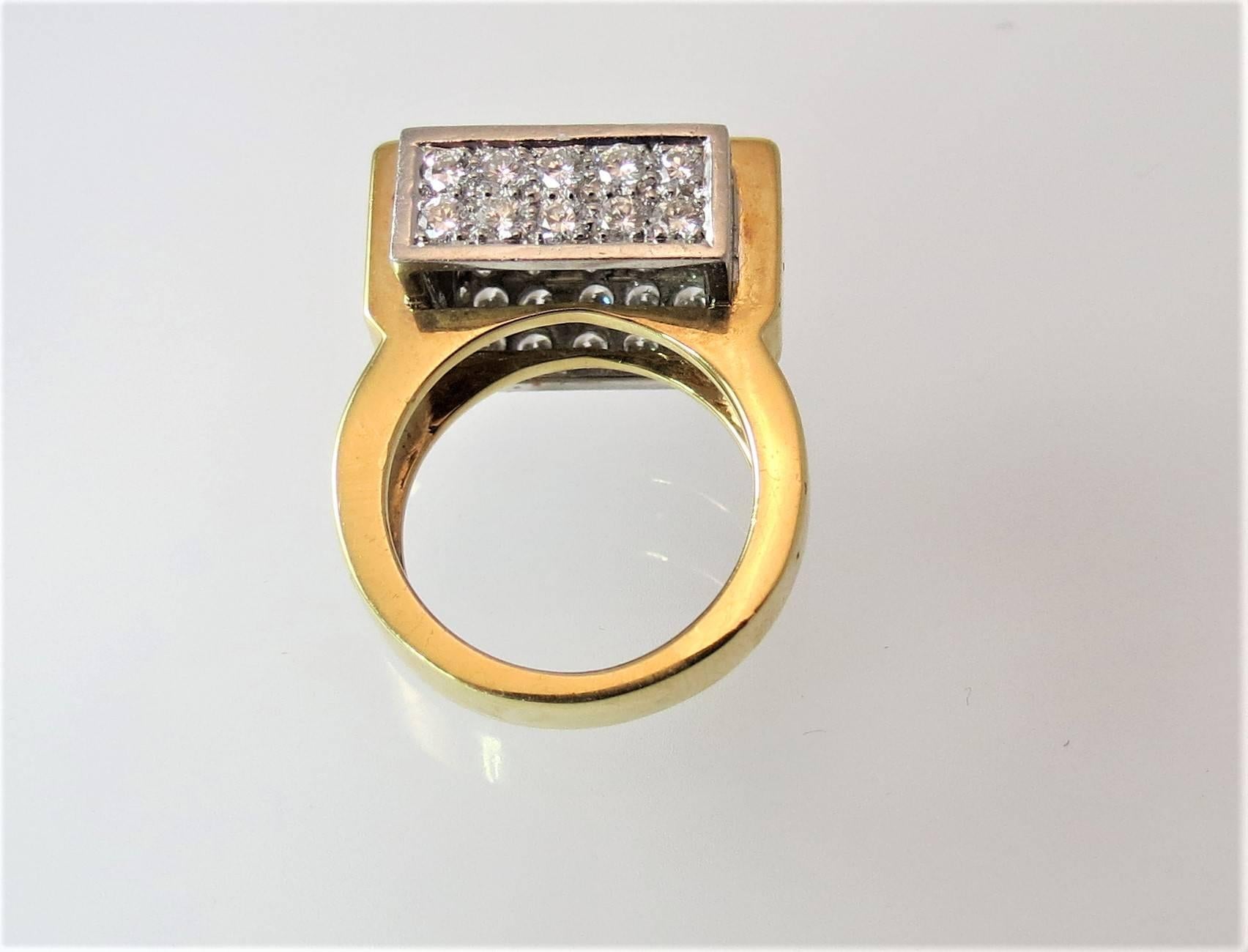 Dramatic 18 Karat Yellow Gold and Platinum Pave Diamond Square Design Ring 1