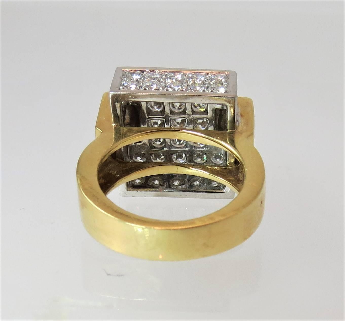 Dramatic 18 Karat Yellow Gold and Platinum Pave Diamond Square Design Ring 2