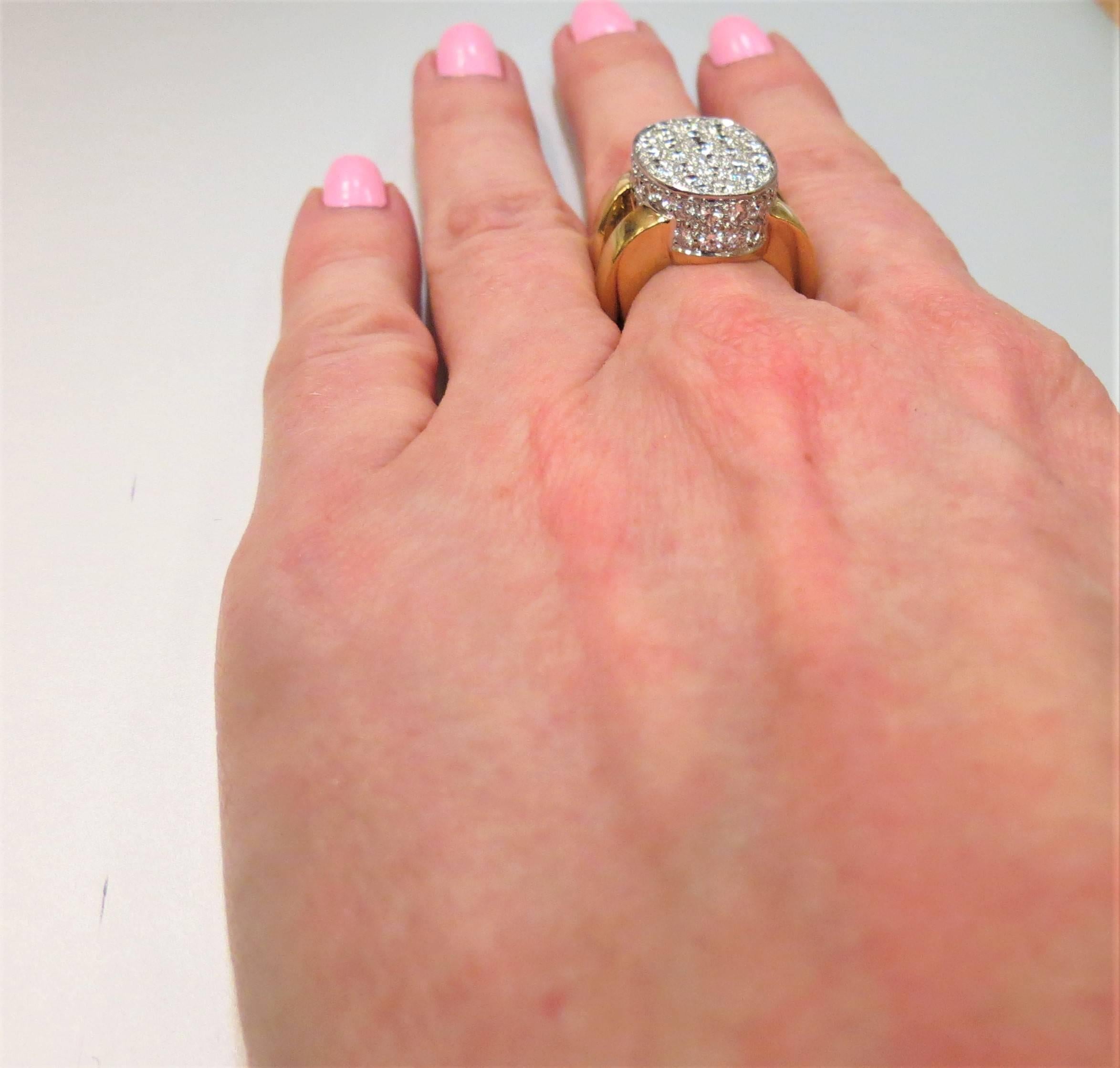 Wide Diamond Gold Oval Shape Split Shank Ring In Excellent Condition For Sale In Chicago, IL