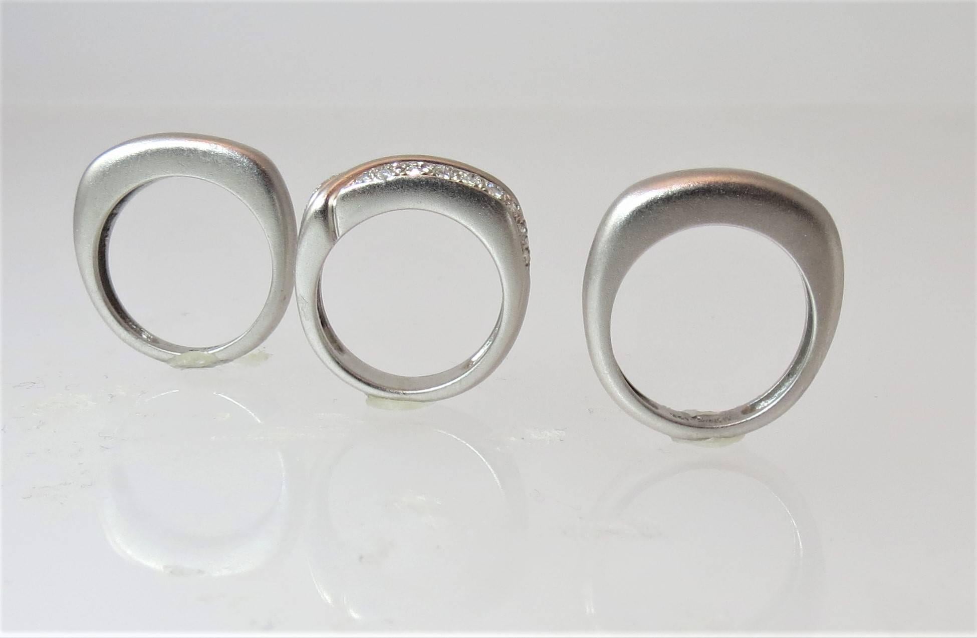 Contemporary Marlene Stowe Set of Three White Gold and Diamond Stacking Band Rings For Sale
