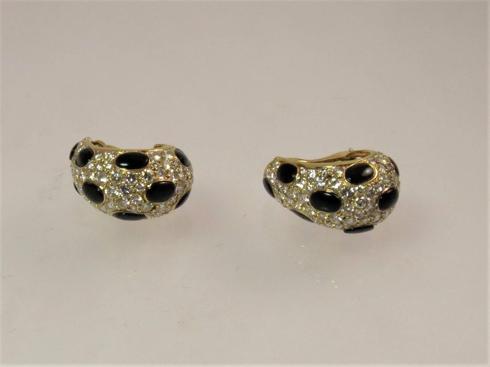 Contemporary Black Onyx Diamond Yellow Gold Ear Clips For Sale
