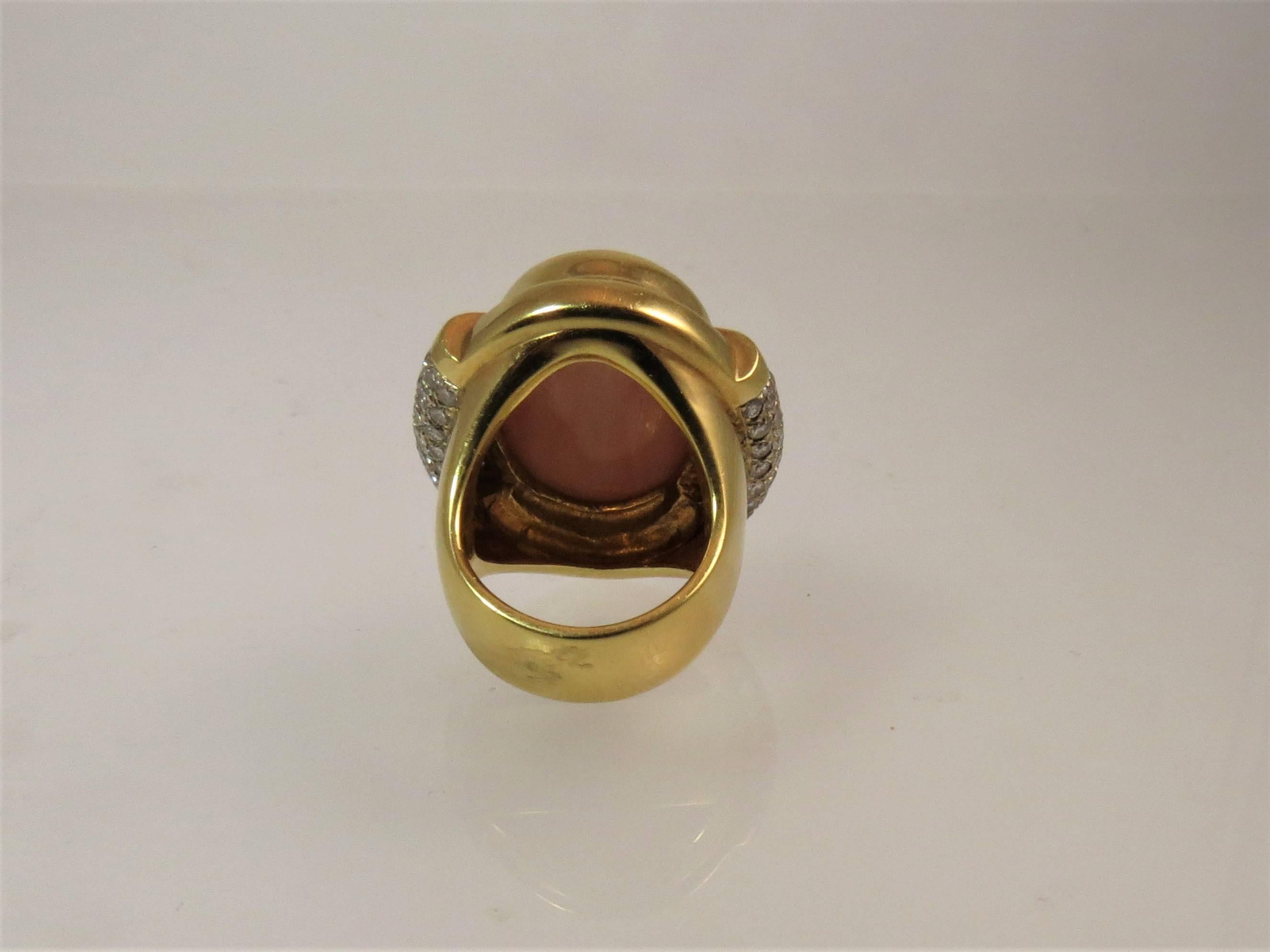 Susan Berman Yellow Gold Cabochon Angel Skin Coral Diamond Ring In Excellent Condition For Sale In Chicago, IL