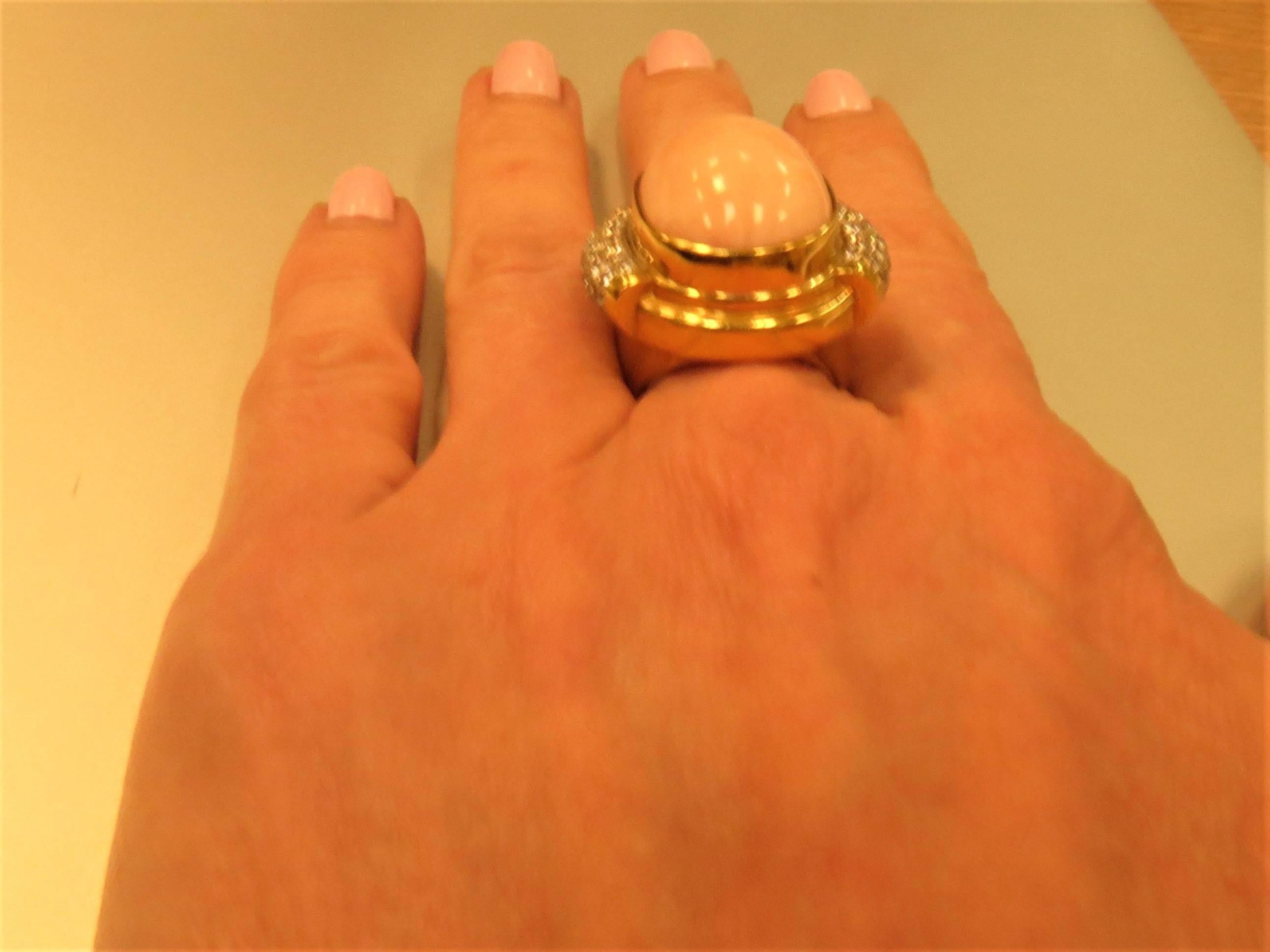 Women's Susan Berman Yellow Gold Cabochon Angel Skin Coral Diamond Ring For Sale