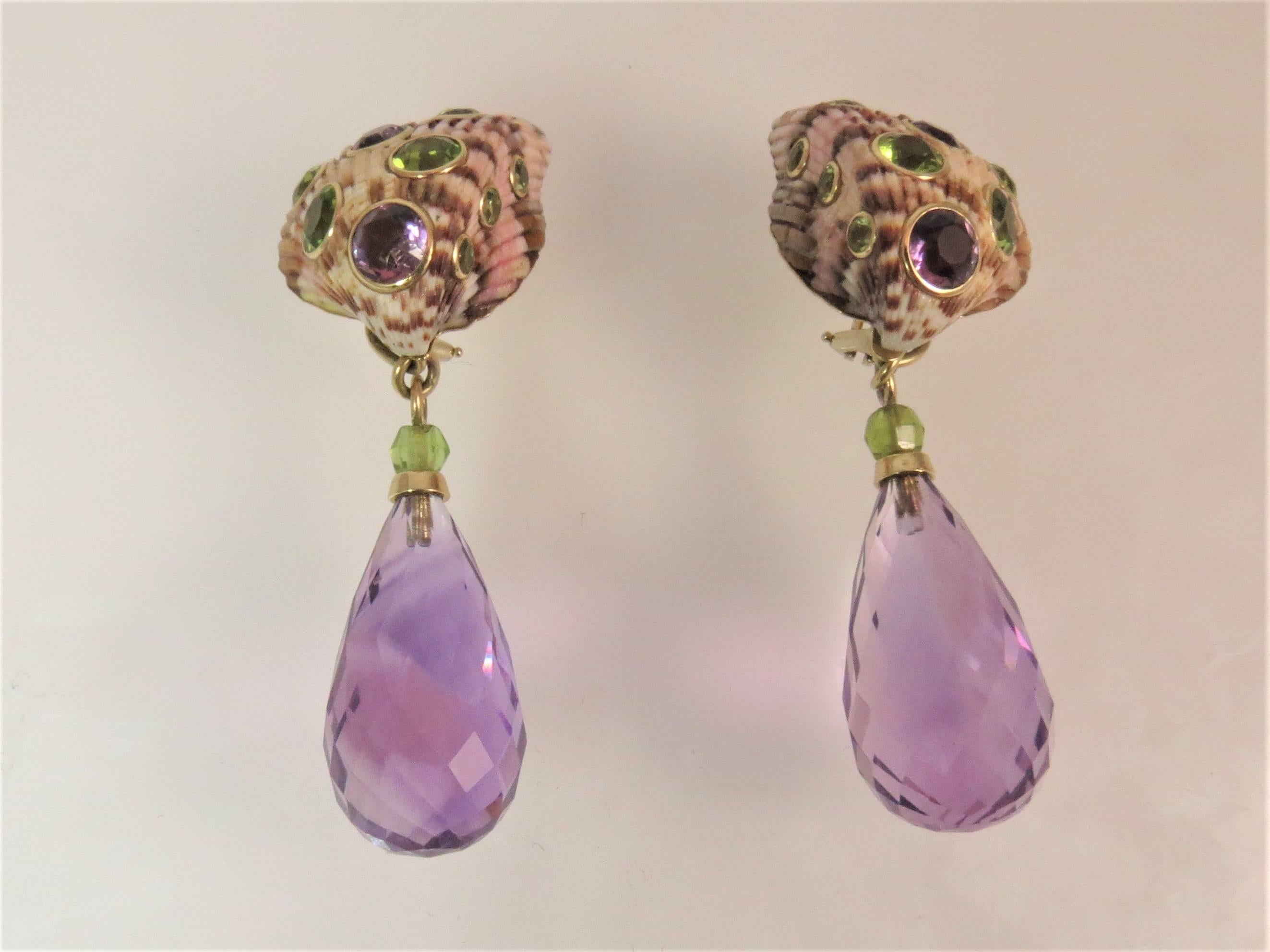 Contemporary Shell Earrings Bezel Set with Amethyst and Peridot with Detachable Faceted Drops For Sale