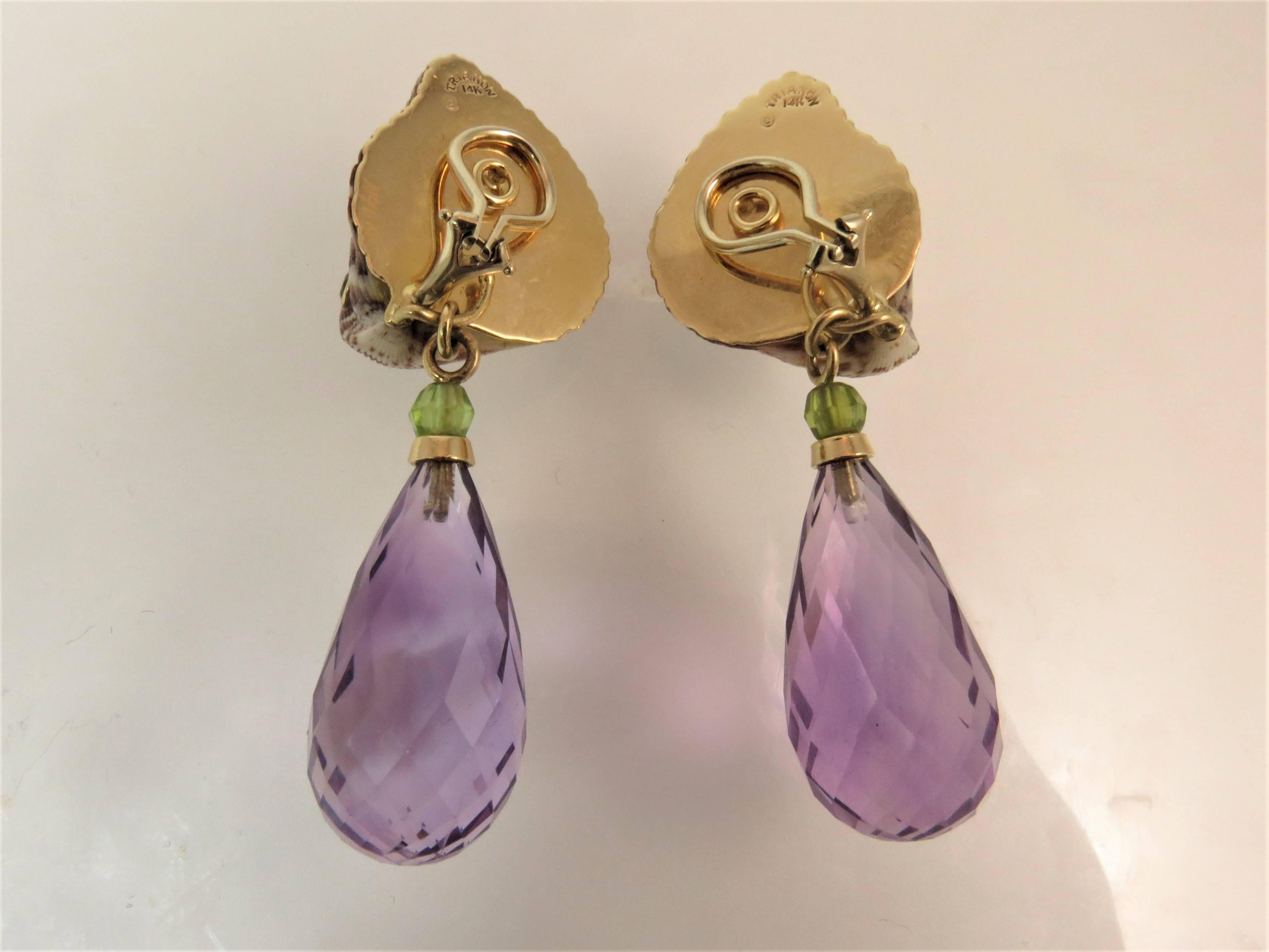 Shell Earrings Bezel Set with Amethyst and Peridot with Detachable Faceted Drops In Excellent Condition For Sale In Chicago, IL