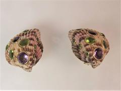 Shell Earrings Bezel Set with Amethyst and Peridot with Detachable Faceted Drops