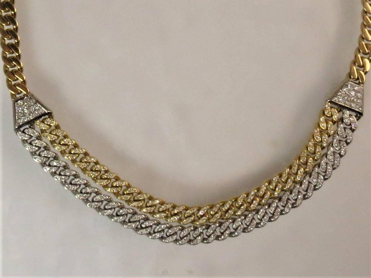 Contemporary 18 Karat Yellow Gold and White Gold Diamond Curb Link Necklace For Sale