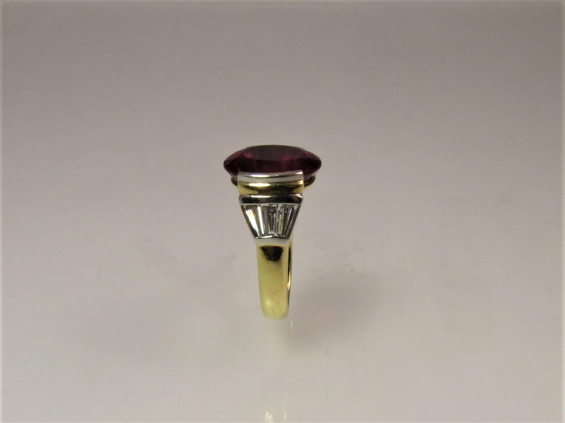 Baguette Cut Susan Berman 18 Karat Yellow Gold and Platinum Ring with Rubellite and Diamonds For Sale