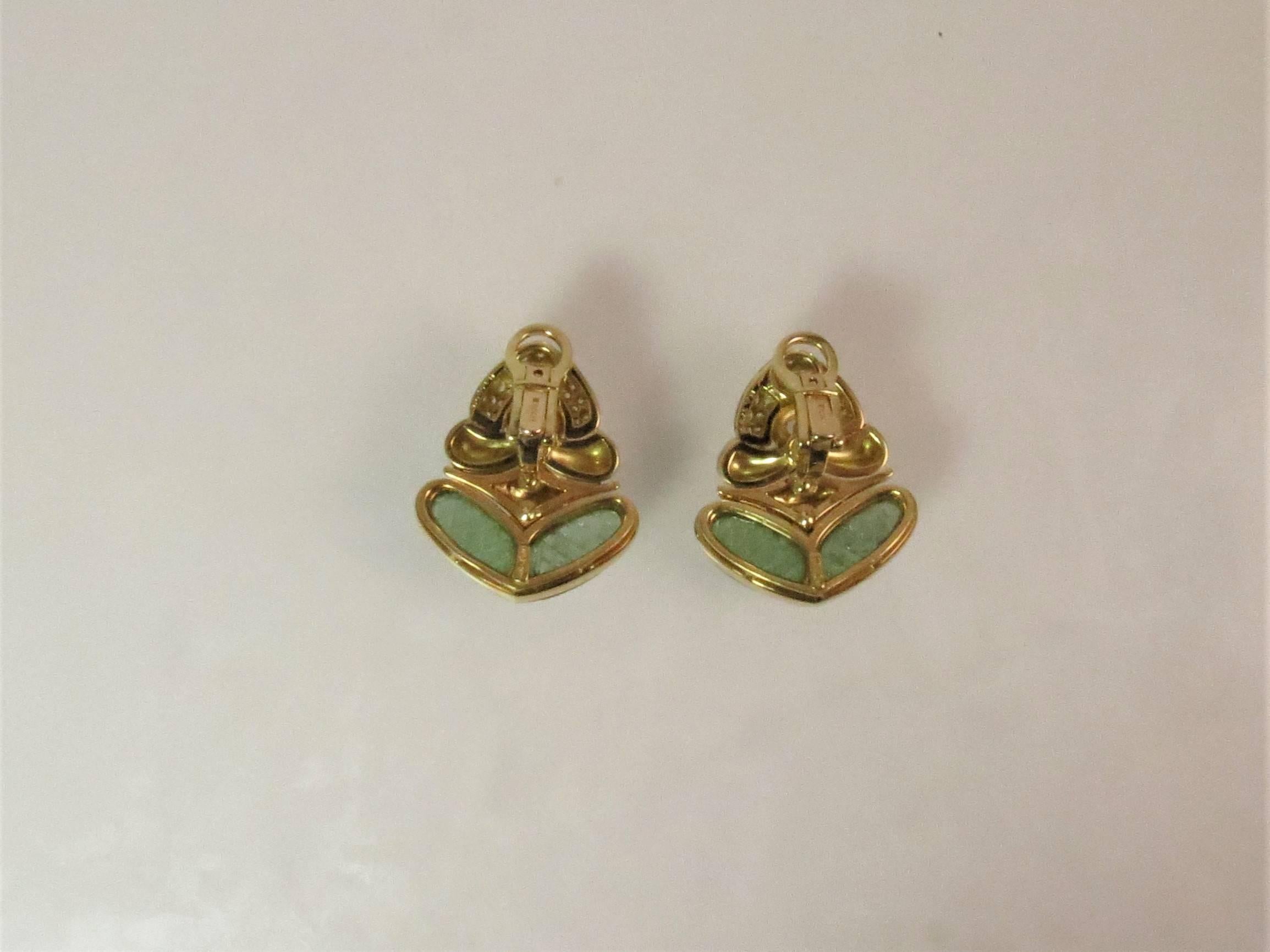 Contemporary Bulgari Carved Green Tourmaline Diamond Gold Flexible Earrings