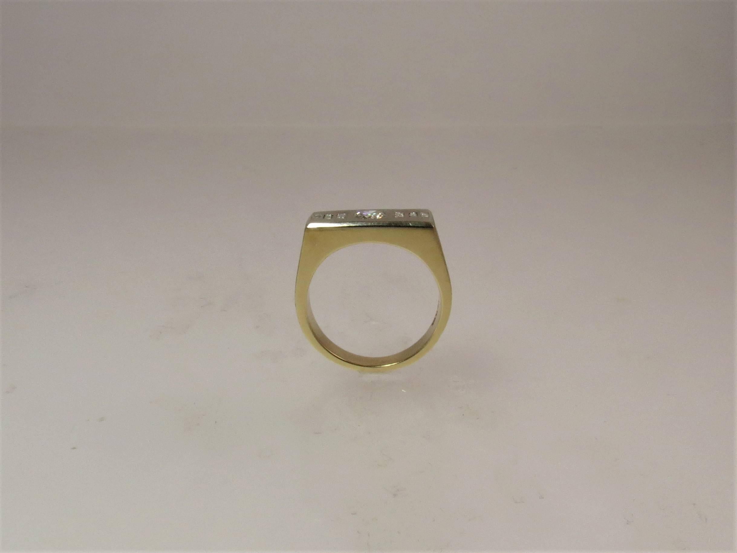 Contemporary 14 Karat Yellow Gold Gents Round and Baguette Diamond Band Ring