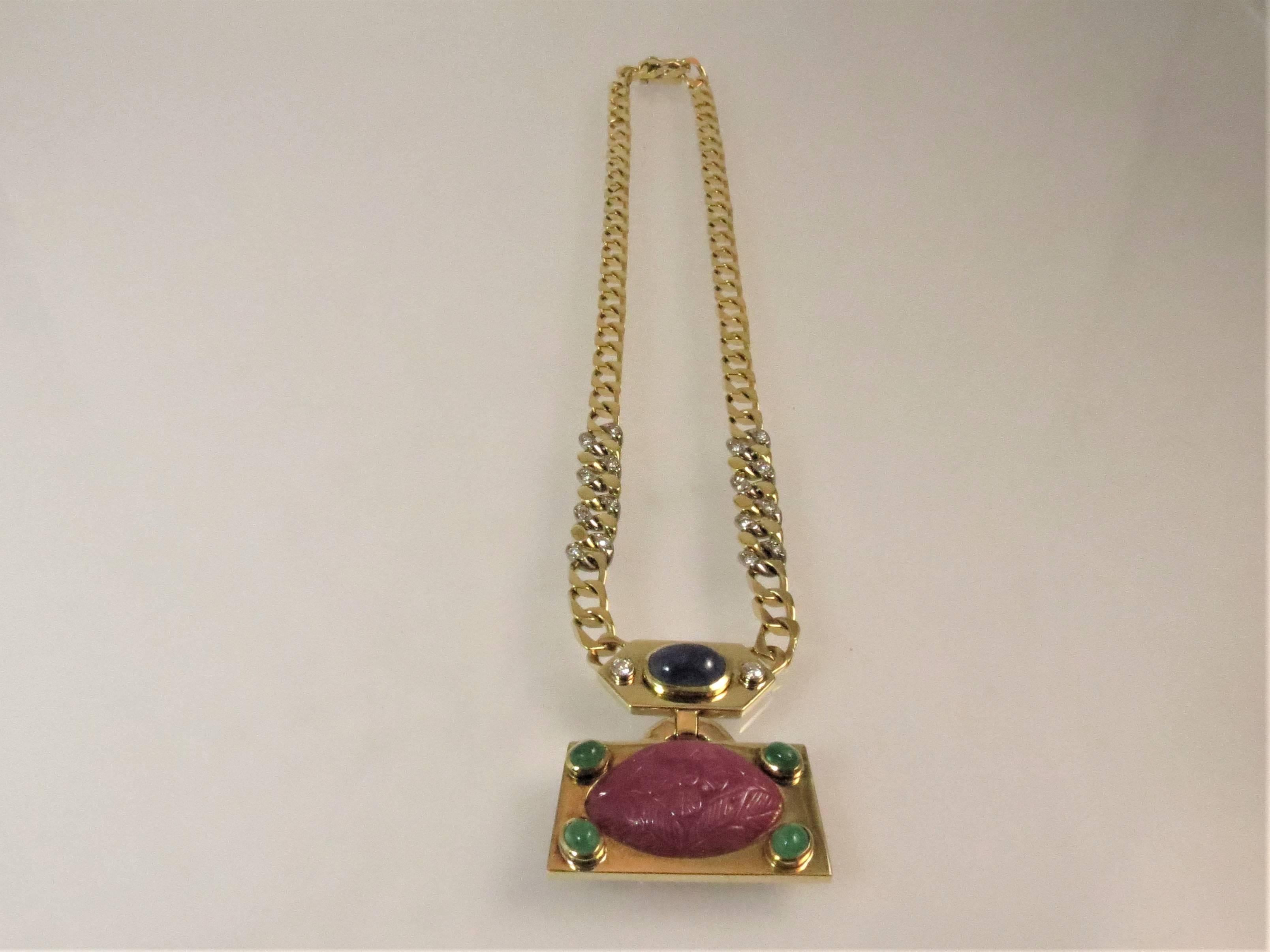 Contemporary 18 Karat Gold Necklace with Carved Ruby, Diamonds, Cabochon Sapphire, Emeralds
