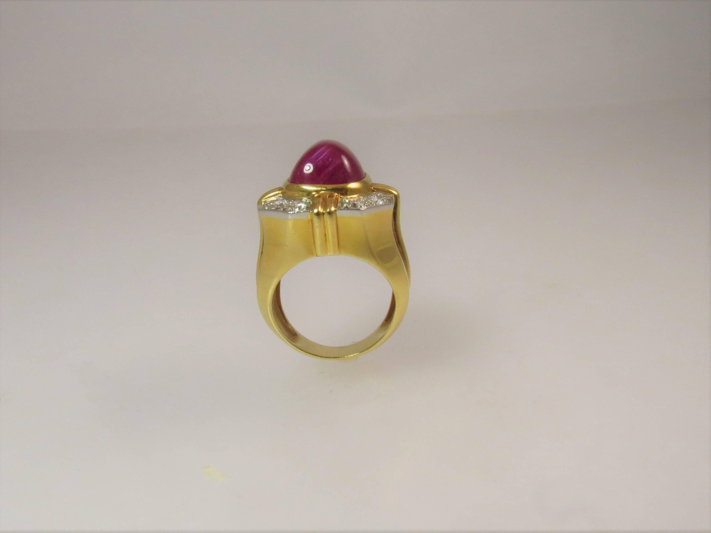 Women's 18 Karat Yellow Gold and Platinum Cabochon Ruby and Diamond Ring For Sale