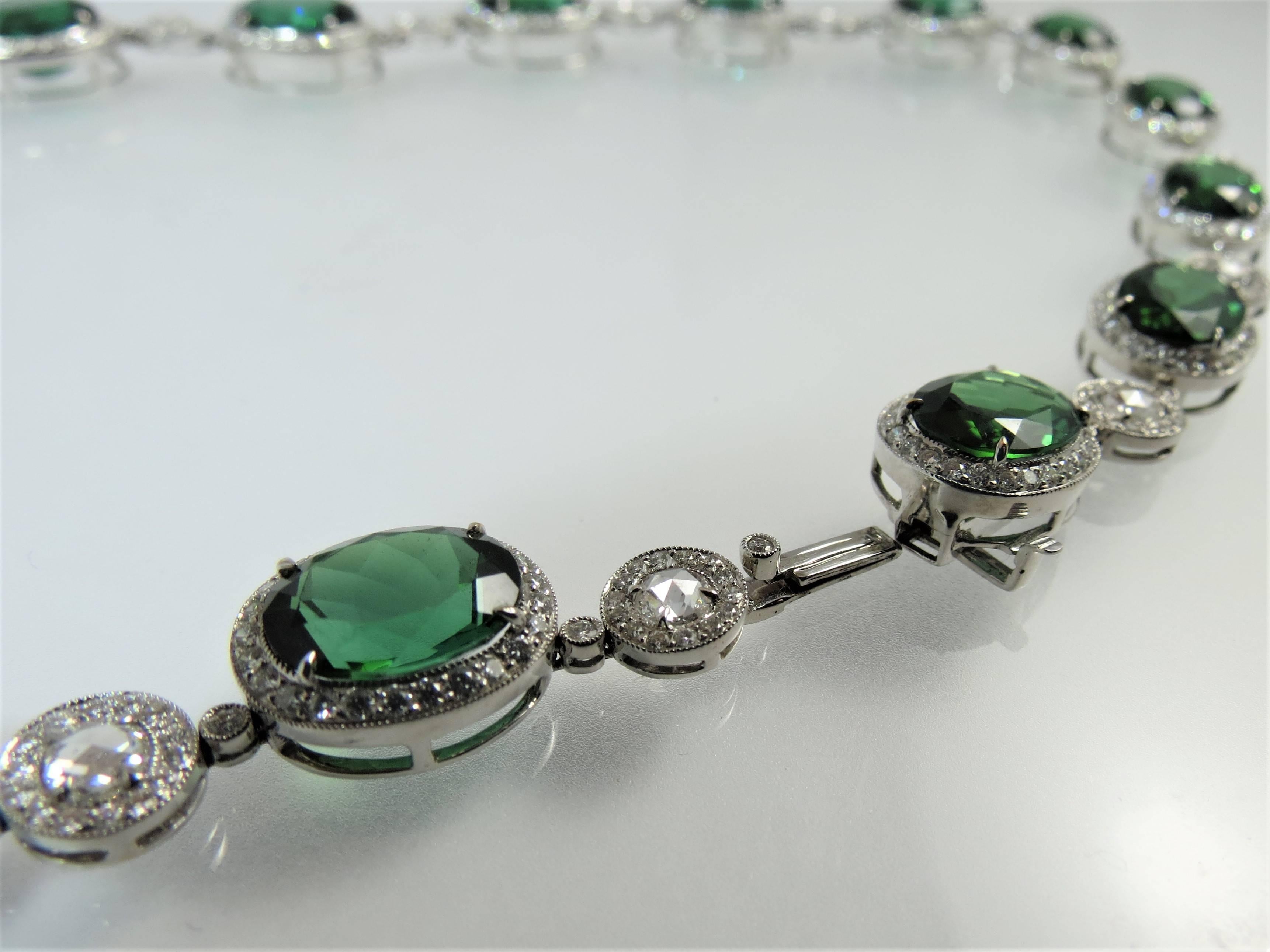 Contemporary 18 Karat White Gold Necklace with Green Tourmalines and Rosecut Diamonds For Sale