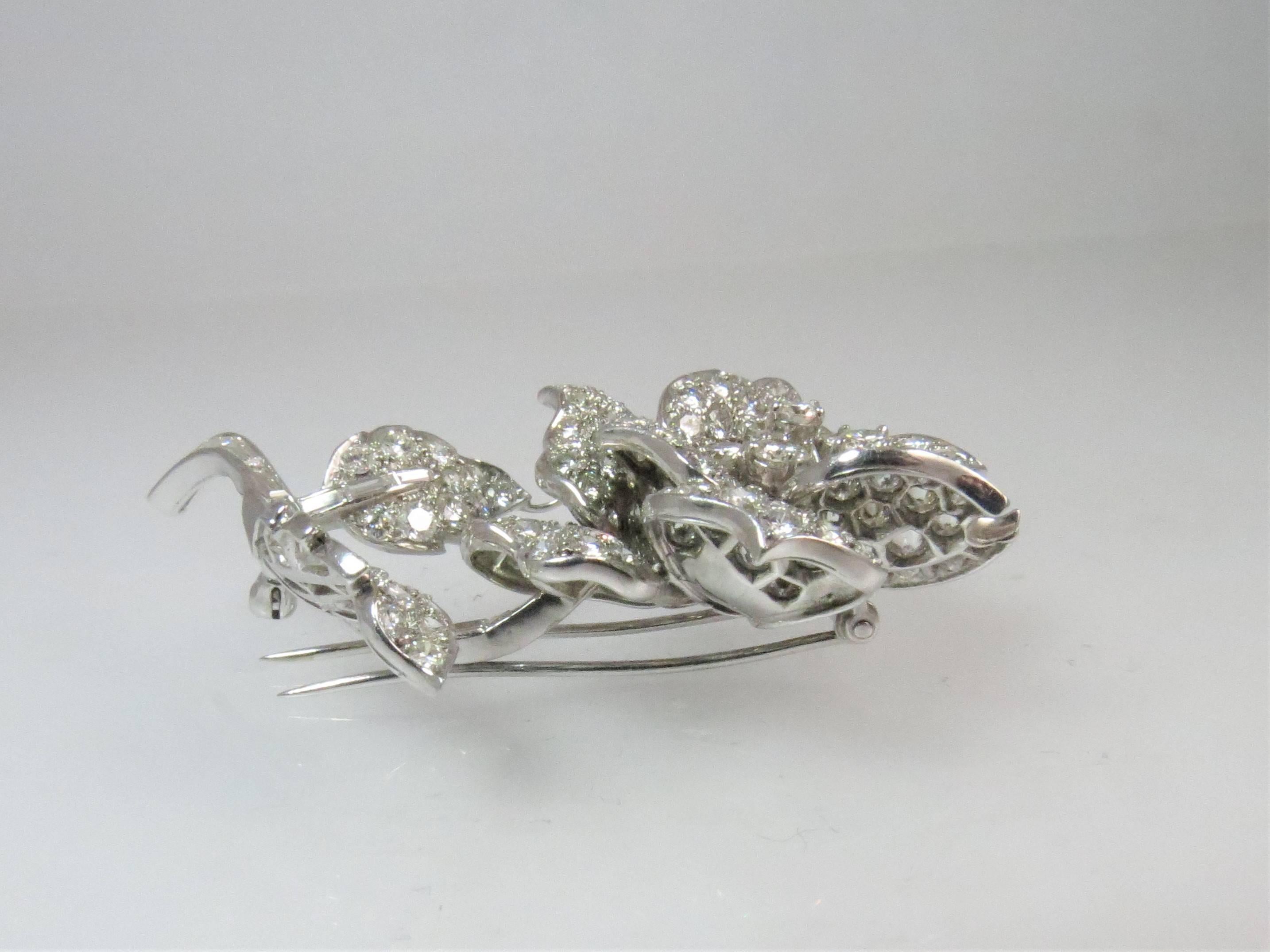 Platinum Diamond Flower Pin with Double Hinged Back In Excellent Condition For Sale In Chicago, IL