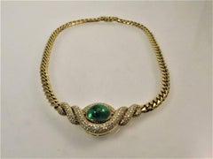 18 Karat Yellow Gold Diamond and Cabochon Emerald Necklace